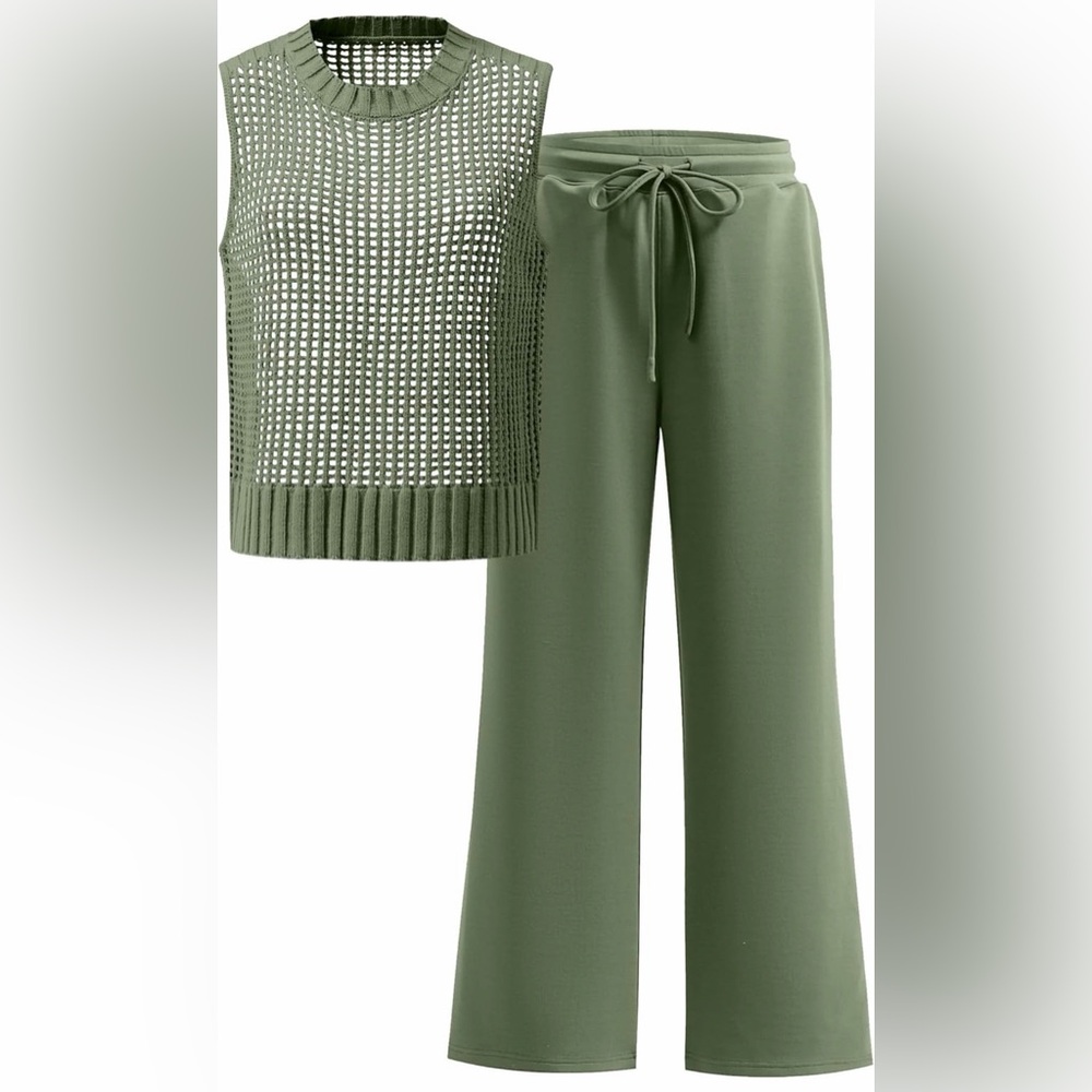 Women Two Piece Outfits Crochet Sheer Knit Sweater Sleeveless Top Wide Leg Pants